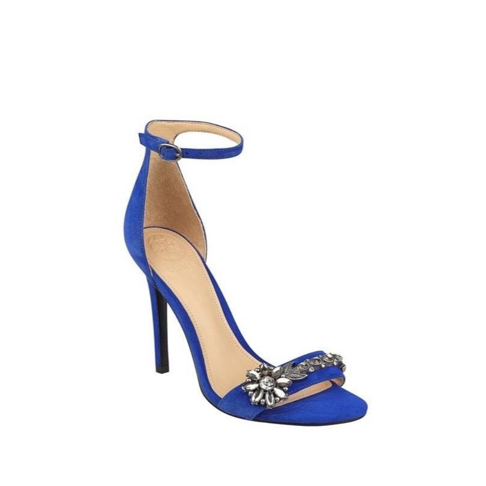 $105 Guess Women’s Partyer Ankle Strap Heels Dark Blue Faux Suede Size 7